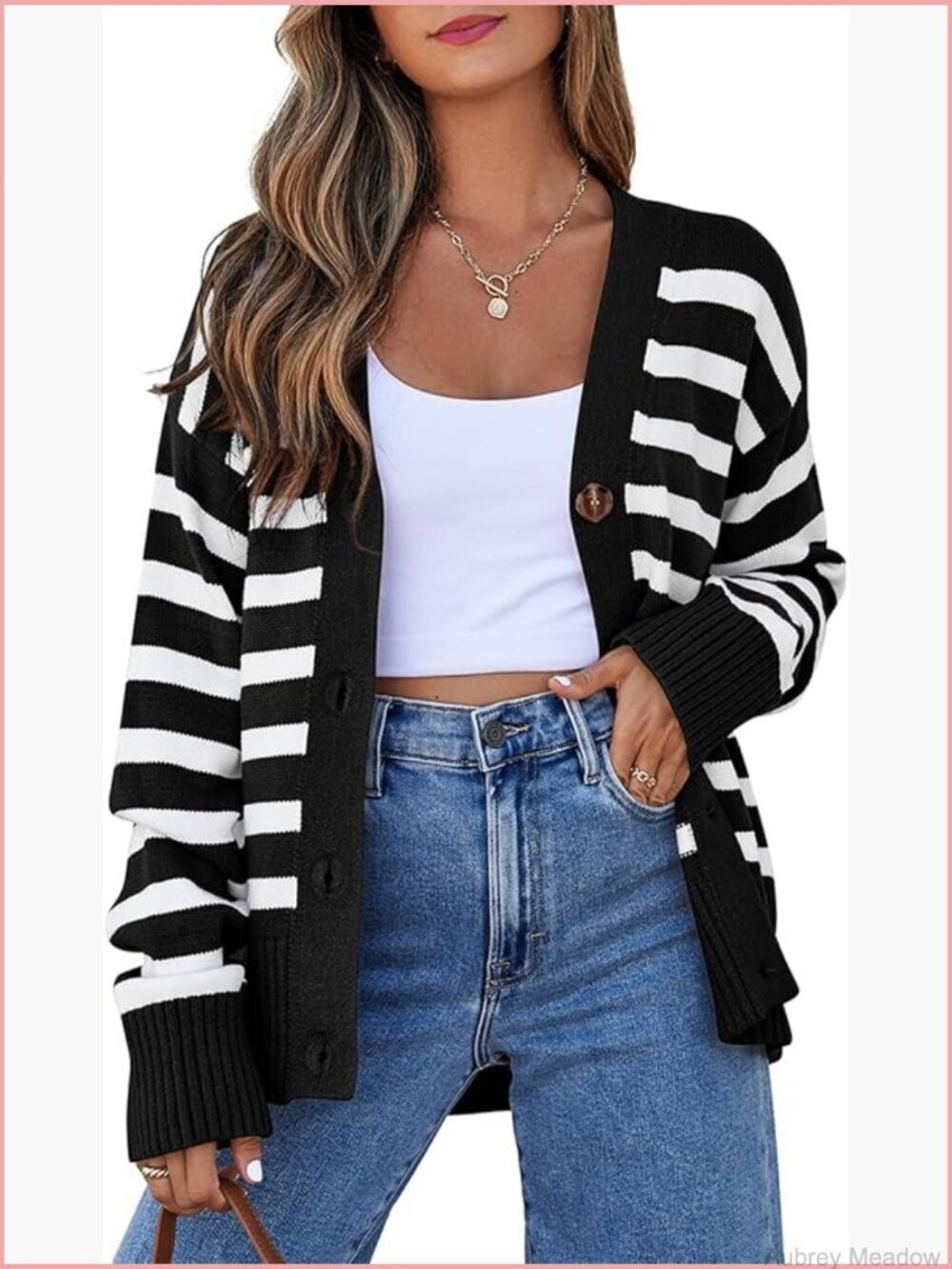 Striped V-Neck Cardigan Sweater Open Front Button Down Knit Long Sleeve
